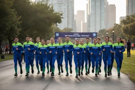 wie vorher alle im B-READY trainings anzug firmen veranstaltung mehrere mitarbeiter laufen gemeinsam 